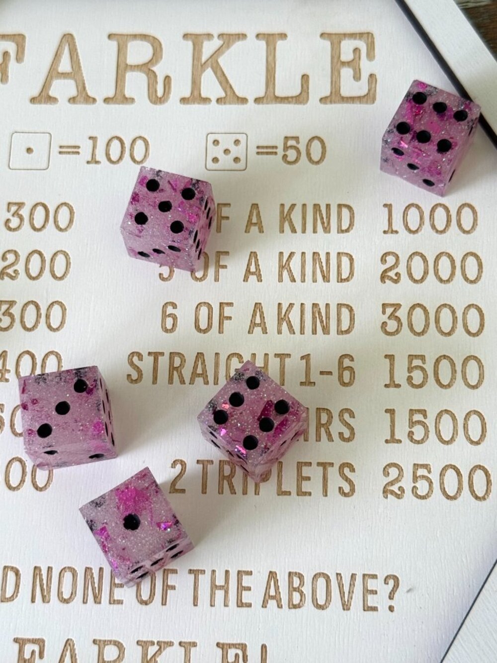 Resin Dice Set 6pcs - Pink Foil Black Dots - Handmade Replacement Dice Games - Picture 6 of 7